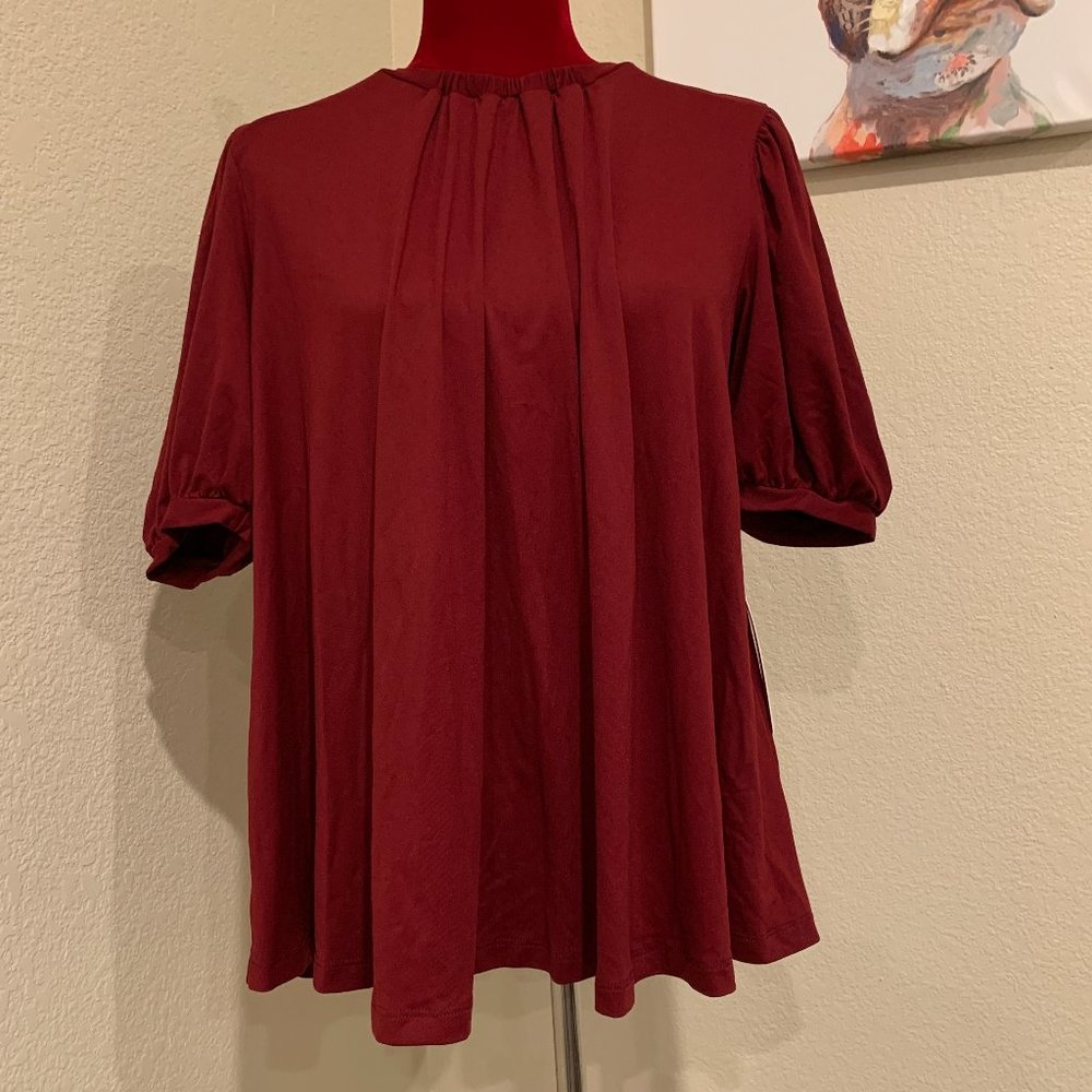 Susana Monaco Maroon Pleated Puff Sleeve Top Size M NWT